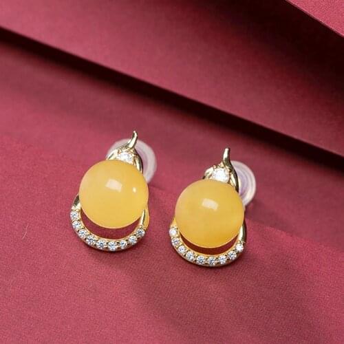 Natural 925 sterling silver gilt gourd inlaid round beads amber earrings temperament sterling silver women earrings