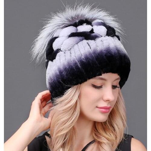 New Arrive Warm Rex Rabbit Fur Hats Women Winter Knitted Fur Hat With Fox Fur Flower Women Casual Beanie Fur Cap Feminine
