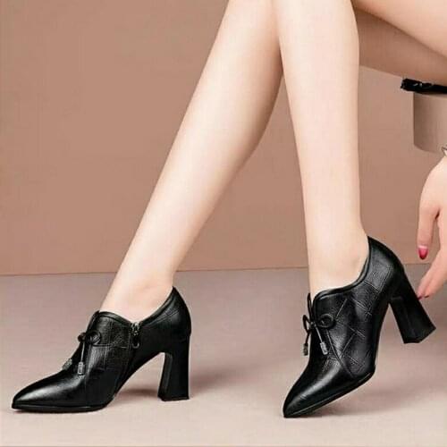 2021 Fall Deep High Heels Woman Leather Shoes Women Pumps Pointed Toe Femal Footware For Female Block Heel Black high heels