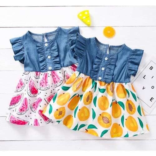 Baby Girl Dress 2021 Ruffles Denim Stitching Summer Dress For Baby Girls Clothes Sleeveless Fruit Print Girls Dress Newborns
