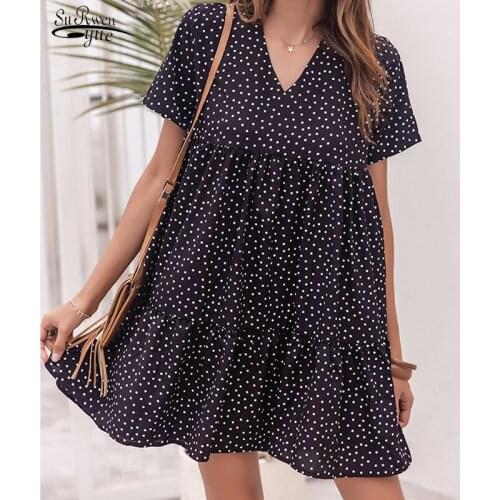 Fashion Polka Dot Dress 2021 Plus Size Black A-line Mini Dresses V-neck Casual Loose Summer Short Sleeve Dress Vestido 15083