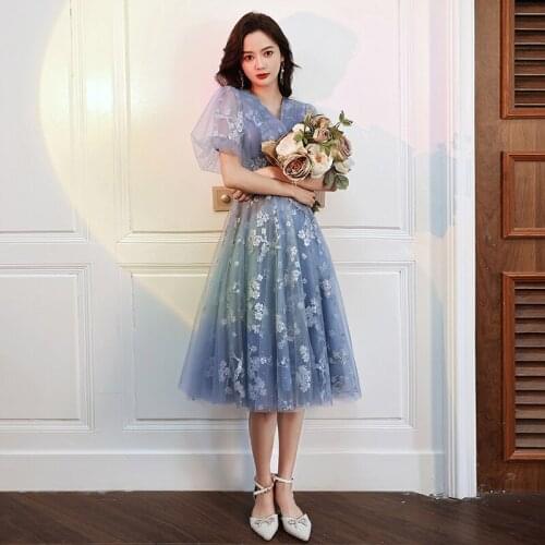 Evening Dress Elegant Short Sleeves Pleat A-Line Zipper Back Appliques V-Neck Empire Tea-Length Woman Formal Party Gowns A1446