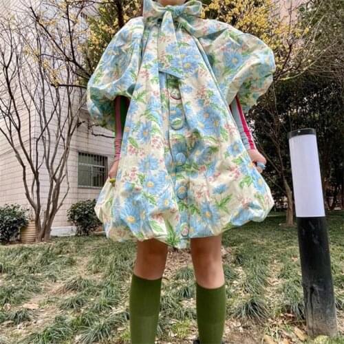 French Retro Floral Printed Tutu Dress For Women 2021 Spring Summer New Fashion Sweet Bowknot Puff Sleeve High Waist Loose Dress