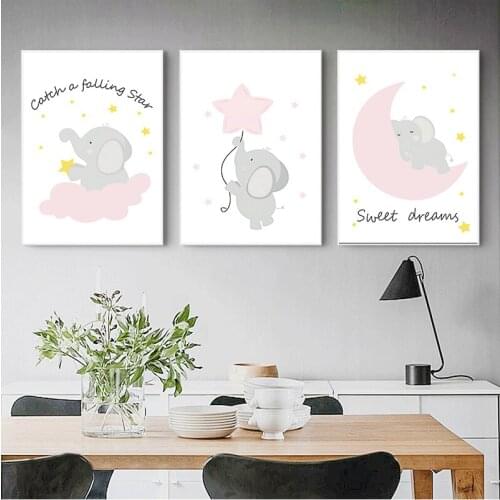 Pink Elephant Star Canvas Children Print Baby Girl Nursery Wall Art Picture Painting Nordic Kids Bedroom Decoration