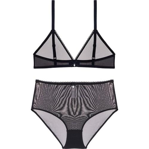 Mesh sexy seductive ultra-thin transparent deep V underwear comfort bra and high waist panties set