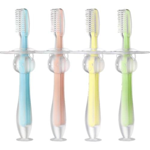 Suction Cup Silicone Training Toothbrush for Baby Standable Child Toddler Mouth Cleaning Toothbrush with Safety Baffle Plate