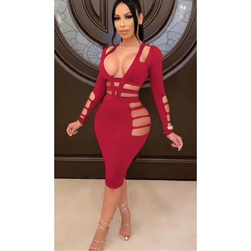Sinly Tara 2021 Sexy Long Sleeve Hollow Out Red Midi Women Spring Bandage Dress Designer Fashion Evening Party Dress Vestido