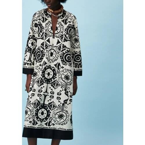 ZA Summer Women Dress 2021 New Printed A-Line V-Neck Long Dresses Lady Party Vestido Elegant Girls Long Sleeve Causal Outfits