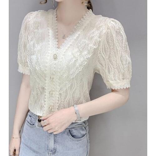 Womens Blouses French Style Short Sleeve Shirt Hollow Lace Solid Color Top 2021 Summer Women Clothing Blusas Mujer De Moda