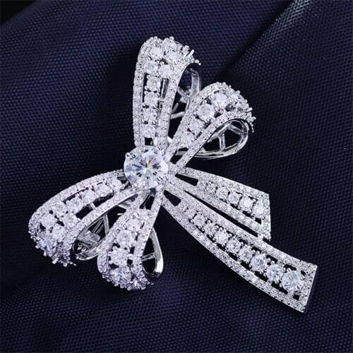 New Simple Large Silver Color Hollow Bowknot Brooches for Women Luxury AAA Zirconia Brooch Pin Female Coat Suit Broche Jewelry