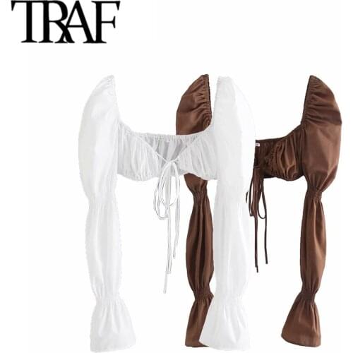 TRAF Women Sexy Fashion With Tied Cropped Blouses Vintage Long Sleeve Elastic Trims Female Shirts Chic Tops