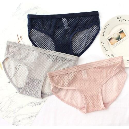 Wasteheart Women Fashion Blue Pink Gray Mesh Cotton Lace Trim Low Waist Panties Underwear Briefs 3 Piece 3 Color M L Transparent