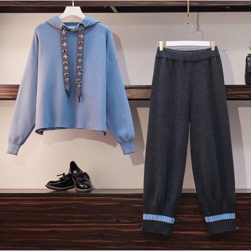 Chic Tracksuit Womens Casual Hooded Sweatshirt Suit 2019 Fall Winter Beaded Hooded Tops and Knitted Pants Two piece Leisure Set