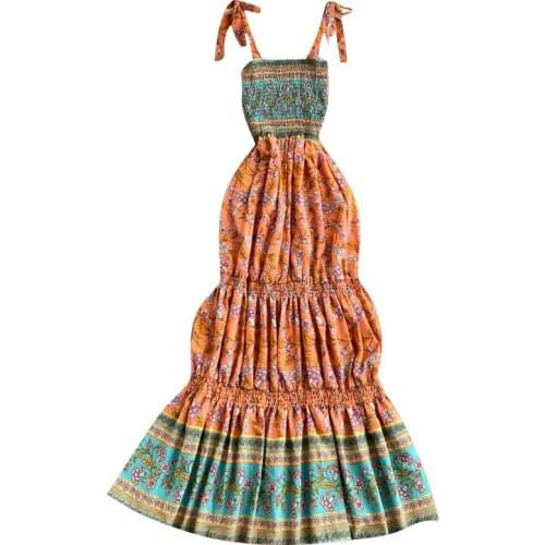 2021 New Summer Women Beach Vacation Sexy Strap Dress Retro Ethnic Style Flowers Print Ruffles Elastic Slim Long Dress