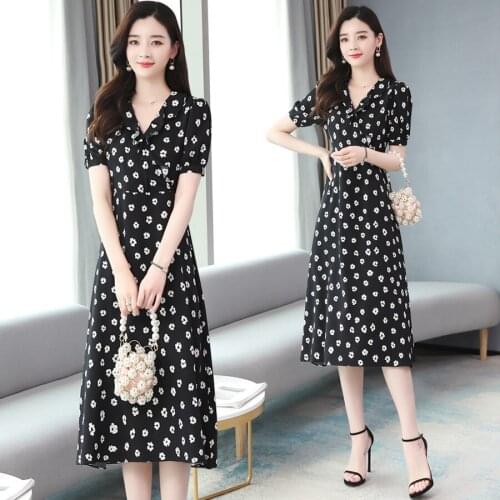 2021 High Quality Daisy Print Chiffon Beach Midi Dresses Summer Vintage Plus Size Sundress Women Elegant Bodycon Party Vestidos