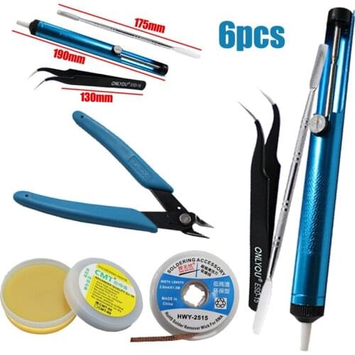 6pcs/set Multifunctional Soldering Kit w/ Desoldering Pump Tweezers Cutters Flux Scraper Welding Tools