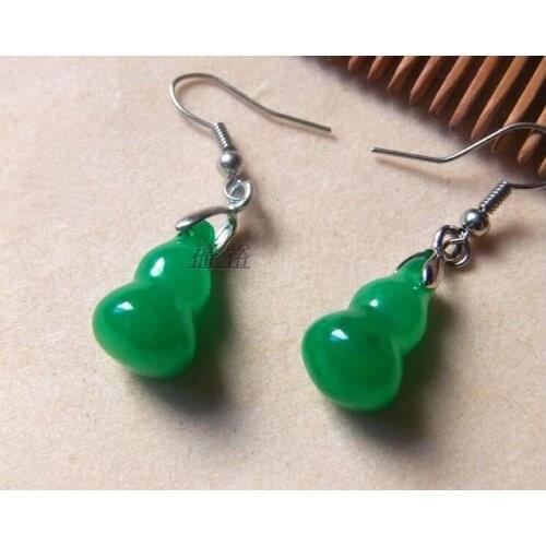 925 Silver Beautiful Green Jade Bottle Gourd Dropping Necklace Hook Earring