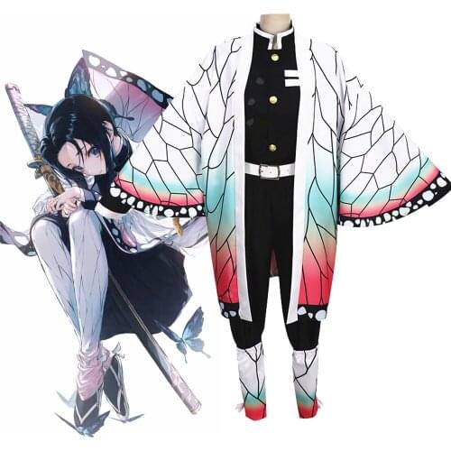 Anime Demon Slayer Kimetsu no Yaiba Kochou Shinobu Cosplay Costume Womens Kimono Uniforms Halloween Carnaval Party costume Wig