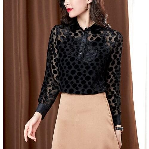 Free Shipping Woman Feminina WomenS Vintage Blouse Fashion Clothes 2020 Spring Autumn Dots Black Lace Shirts Female D0111