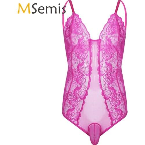 Mens Sheer Crossdress Lingerie Sissy Bodysuit Adjustable Spaghetti Straps One-Piece Lace Black Sissy Pouch Nightwear Sleepwear