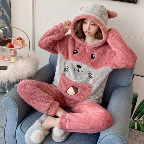 Cute Pajamas Set 2 Pieces Women Sleepwear Warm Winter Thick Coral Fleece Hooded Cartoon Girl Homewear Animal Pajamas Nightie