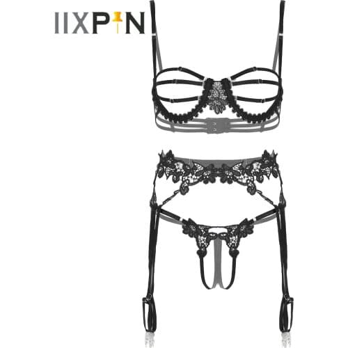 Womens Lace Trim Lingerie Set Adjustable Straps Hollow Out Underwire Bralette With Crotchless T-back Thongs Panties and Garters