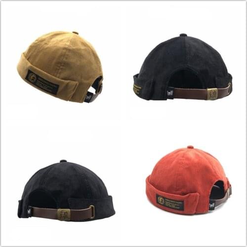 Men Street Casual Docker Sailor Biker Hat Mens Corduroy Adjustable French Brimless Hat Vogue Retro Skullcap Pumpkin Navy Beanie