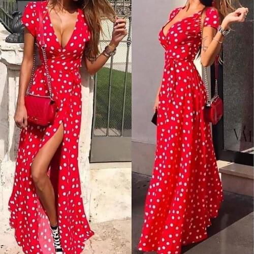 New Arrival 2021!!! Bohemian Women Sexy High Split Polka Dot Deep V Short Sleeve Slim Fits Maxi Dress