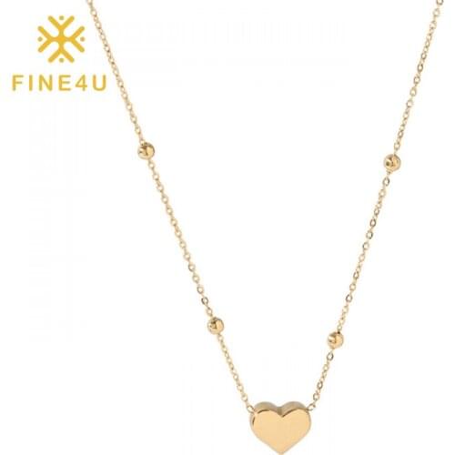 FINE4U N897 Tiny Gold Color Heart Choker Necklace Dainty Cuty Initial Heart Pendant Necklace for Women Girls