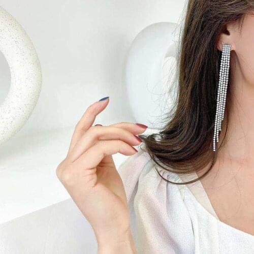 New Bridal Long Silver Color Tassel Dangle Earrings Sparkling Rhinestone Crystal Wedding Jewelry For Women Accessory Gift