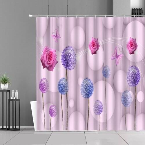 Purple Dandelion Butterfly Rose Flower Shower Curtains Waterproof Bathroom Curtain Spring Floral Plant Home Bathtub Decor Cloth