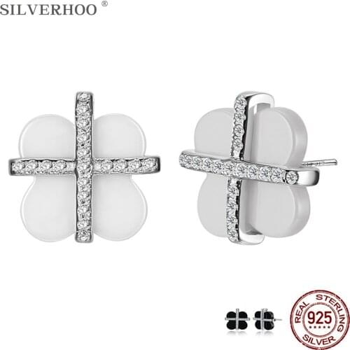 SILVERHOO Flower Shape Cute Earrings For Women 925 Sterling Silver Dazzling Cross Cubic Zirconia Stud Earring Fine Jewelry Best