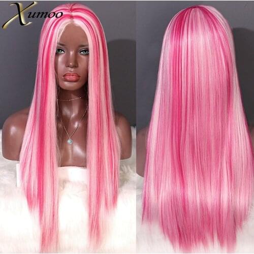 XUMOO Highlight Pink Synthetic Wig Long Bone Straight None Lace Pink Wig Glueless Heat Resistant Fiber Cosplay Party Lolita Wigs