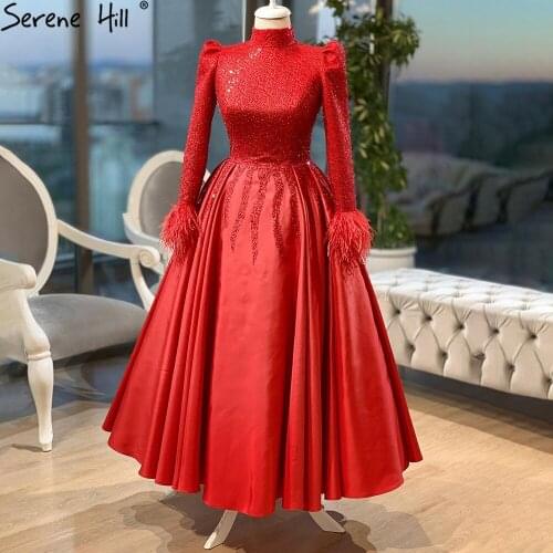 Serene Hill Muslim Red Luxury Evening Dresses 2021 Beading Feathers Long Sleeves A-Line Party Gowns For Women DLA70995