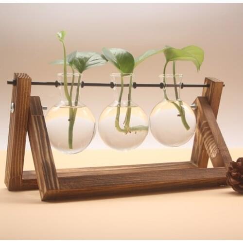 Glass Hydroponics Plant Vases With Wooden Tray Hydroponics Flower Pot Tabletop Plants Home Bonsai Decor Home Garden Decoration