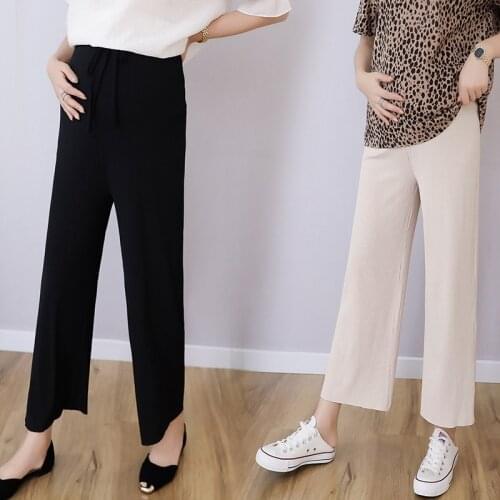 Maternity pants spring and summer with ice silk wide leg pants nine points pants straight loose stomach lift pants