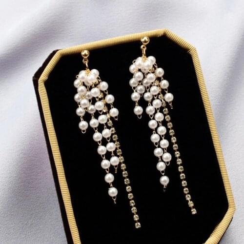 Fashion simulation pearl long earrings female long tassel wedding pendant earrings fashion Korean jewelry earrings