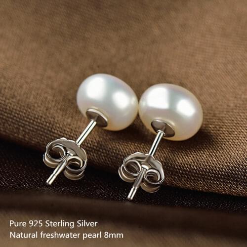 Buyee Real 925 Sterling Silver Female Simple Stud Earring 8mm Natural Freshwater Pearl Earring for Women Fashion Wedding Jewelry