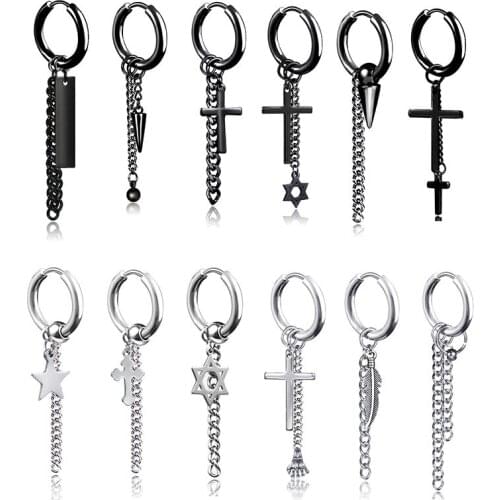 Punk Cross Tassel Stainless steel Earrings for Women Simple Peace Lightning Shape Pendant Earring Cool Gothic Ear Jewelry