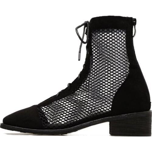 JINJOE 2018 Cool Summer Ankle Boots Women Spliced Mesh Hollow Cut Out Breathable Bootie Gladiator Roman Shoes Cuban Heels