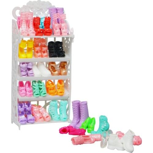 11 Pcs/Set = 1x White Shoes Rack + Random 10 Shoes High Heels Boots Flat Slipper Doll Furniture for Barbie Doll Accessories Toy