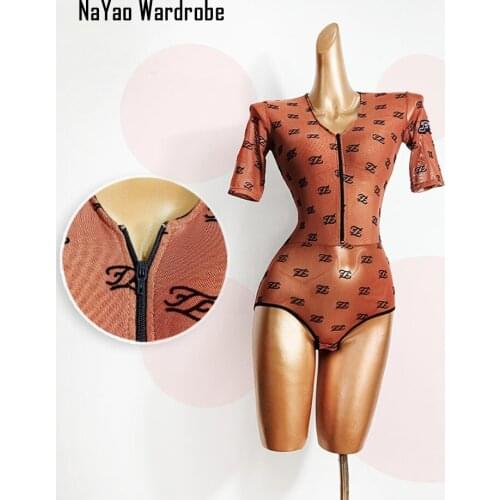 2020 New Arrival Short Sleeve V Neck Sexy Tl606 Dancing Bodysuit Front Zip Design Latin Dance Dress Women Latin Dance Costume