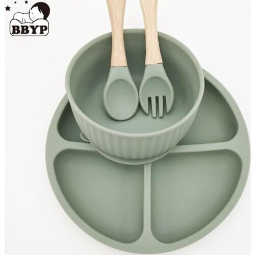 4Pcs Baby Plates For Food Silicone Cookware Set Of Dishes Non-slip Bowl Feeding Spoons Forks Childrens Tableware
