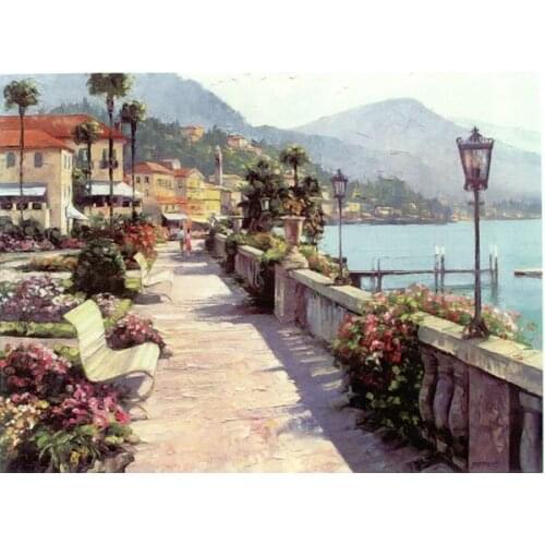 Free shipping Mediterranean city seaside park landscape oil painting canvas printings on canvas wall art decoration picture