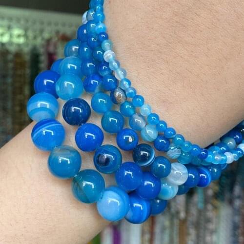 Natural Stone Blue Striped Agates Round Loose Spacer Beads For Jewelry Making Diy Bracelet Necklace Accessories 4-12mm 15”inch