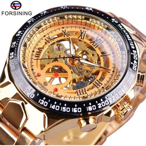 Forsining Stylish Open Work Design Golden Stainless Steel Number Sport Bezel Mens Watch Top Brand Luxury Automatic Wrist Watches