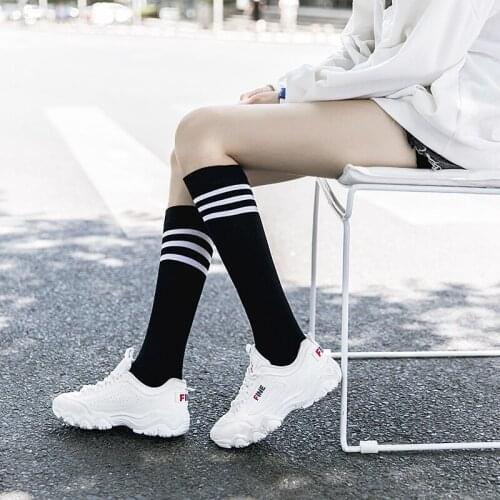 Cotton Ladies Knee High 3 Line Striped Cotton Socks Knee High Women Solid Socks School Party Cheerleader Supplies