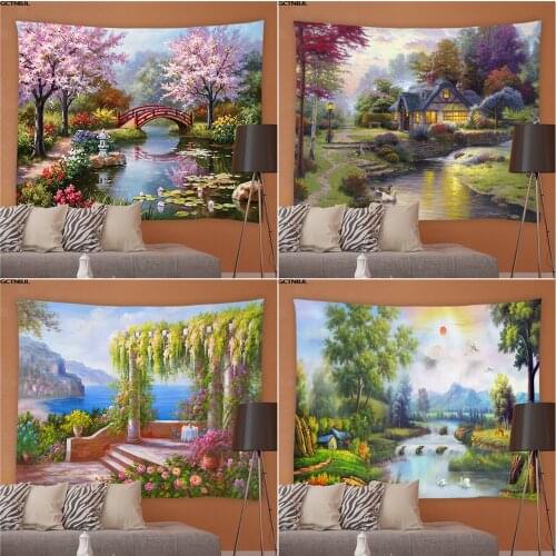 Oil Painting Scenery Tapestry Rural Pastoral Flower Plant Landscape Background Wall Hanging Cloth Living Room Bedroom Home Decor