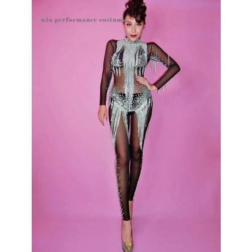 Women black mesh transparent sexy jumpsuit bright sivler rhinstone tassel celebrate rompers diamonds party crystal costume gogo