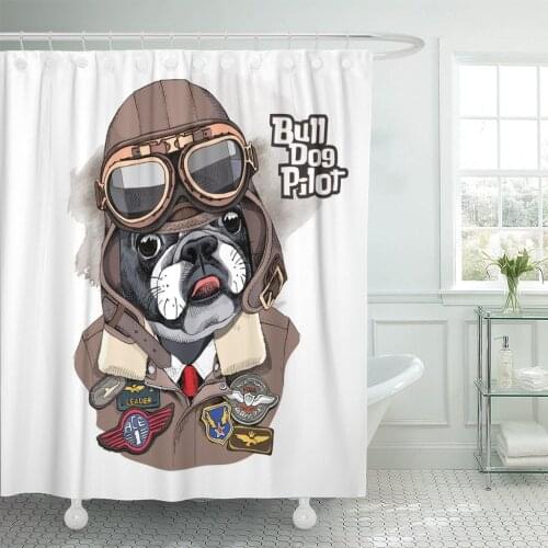 Brown Dog Portrait of The French Bulldog in Aviator Helmet and Jacket with Sewing Patch Military Aviation Shower Curtain